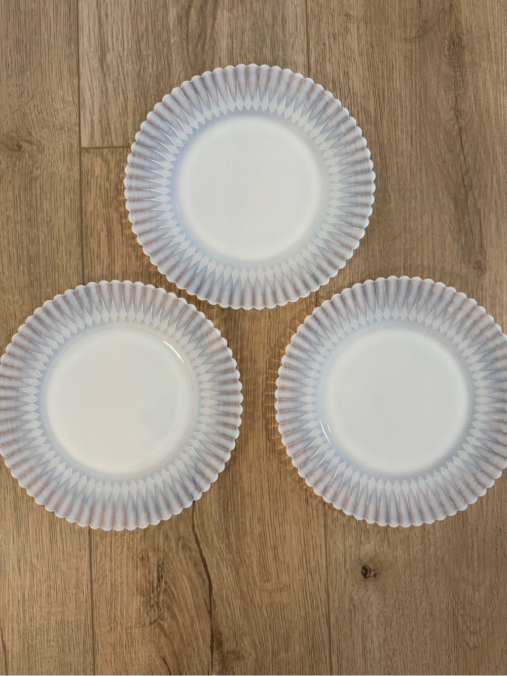 Macbeth-Evans Vintage Monax Opalescent White Petalware Glass (3) Plates 8”